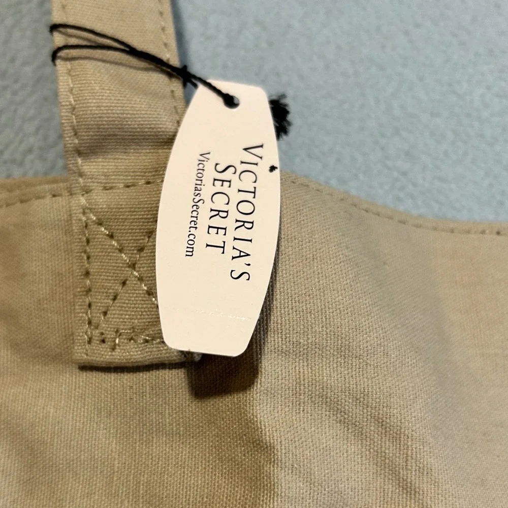 Victorias Secret Tan Canvas Tote Bag Gold Glitter VS Logo‎ Shopper Travel Beach